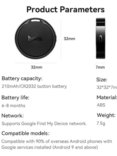 Hoco aqlli GPS treker va universal smart mini tegi Android hamda iPhone uchun